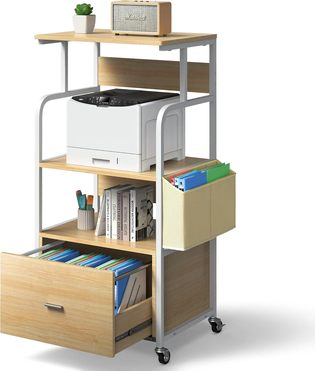 3 Tier Printer Stand with Drawer, Canvas Bag, Metal Hook, Lockable Casters J54212
