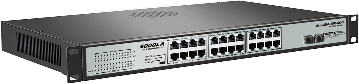 24 Port Gigabit PoE Switch with 2 Gigabit SFP Uplink, Fanless Rackmount, 400W Unmanaged Network Switch O186