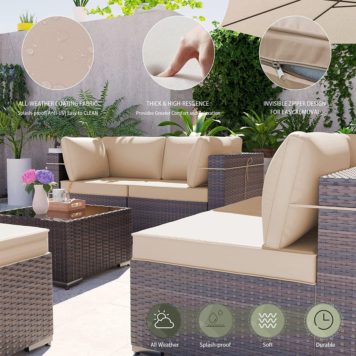14 Pieces All Weather PE Wicker Patio Sectional Sofa Set with Coffee Table C995342