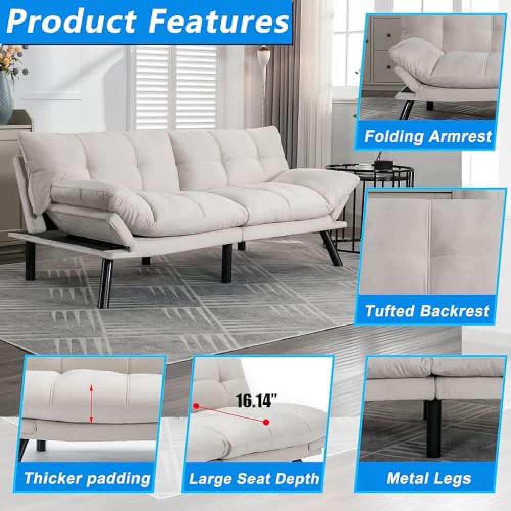 70" Modern Velvet Futon Sleeper Sofa Bed with Adjustable Backrests and Folding Armrest U7728