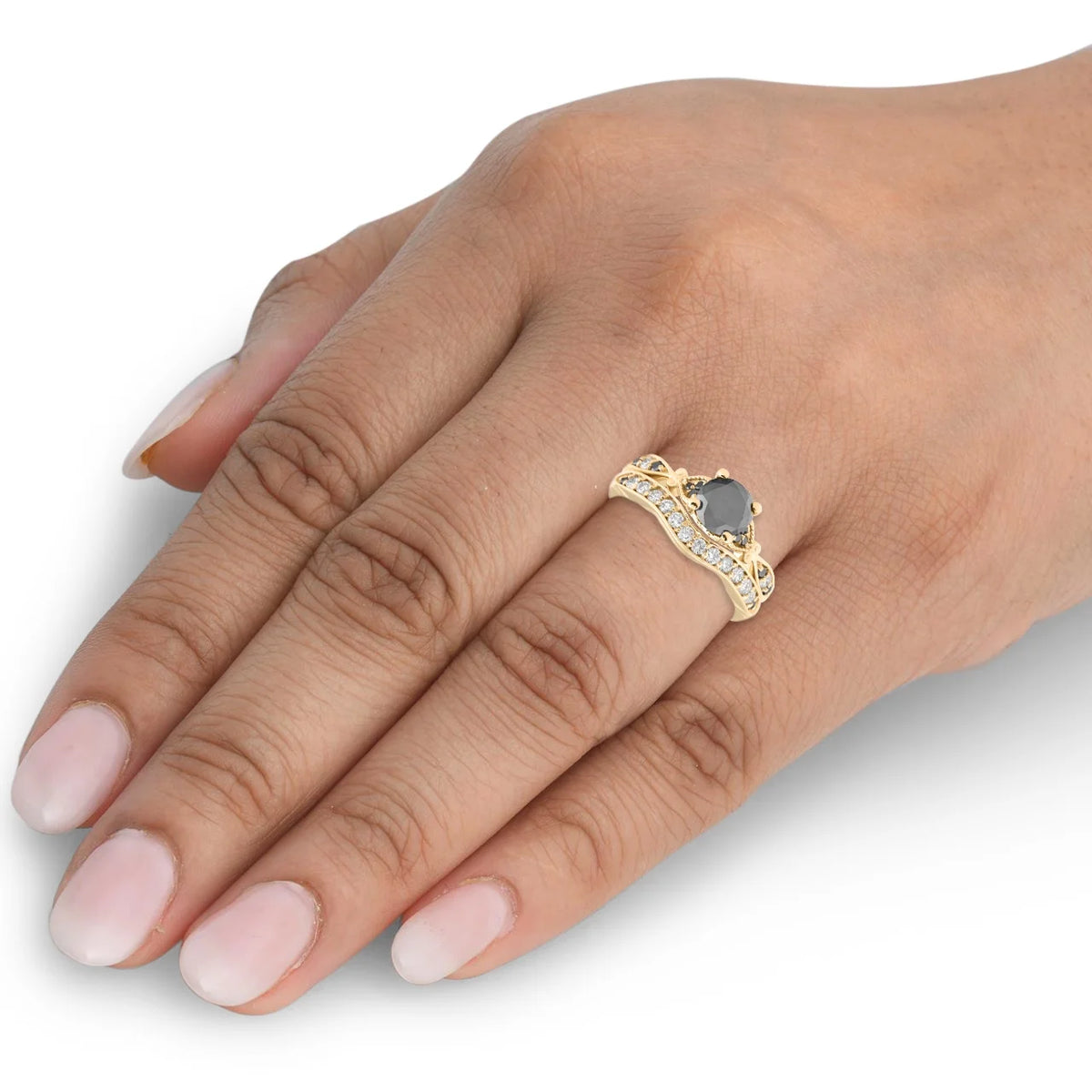 Black & White Diamond Engagement Wedding Ring Set 10k Yellow Gold M93016