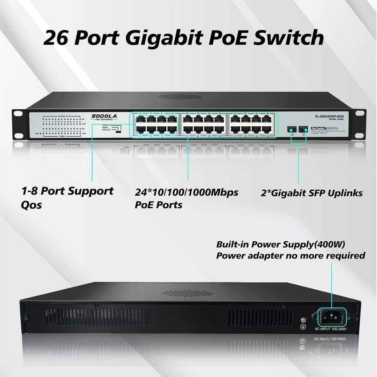 24 Port Gigabit PoE Switch with 2 Gigabit SFP Uplink, Fanless Rackmount, 400W Unmanaged Network Switch O186