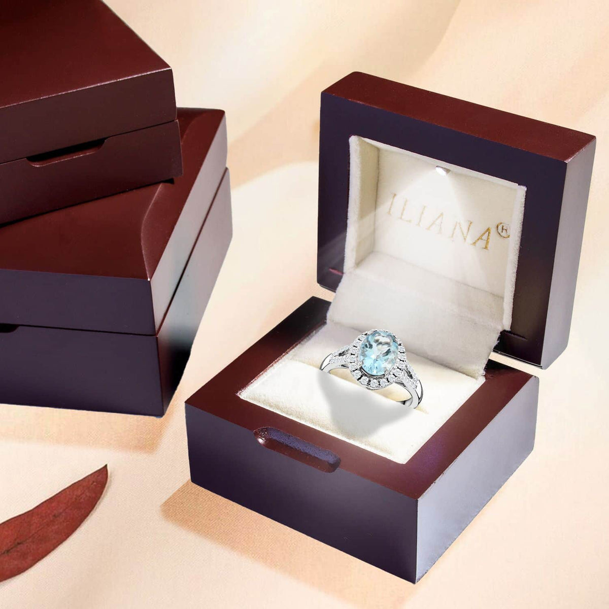 18K White Gold Halo Ring with Blue Aquamarine and White Diamond L392