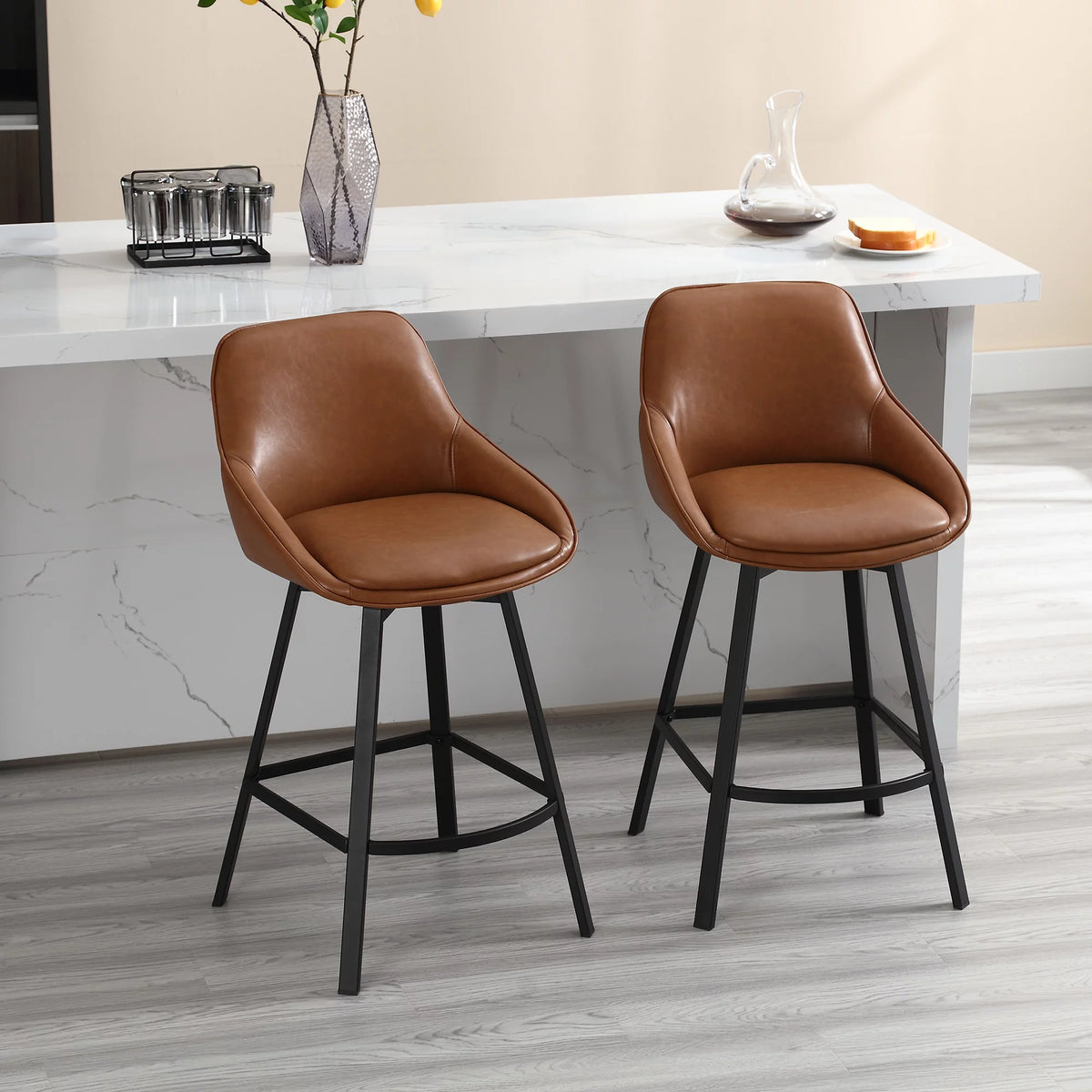 Brown Faux Leather Upholstered Bar Stools Set of 2 P38047