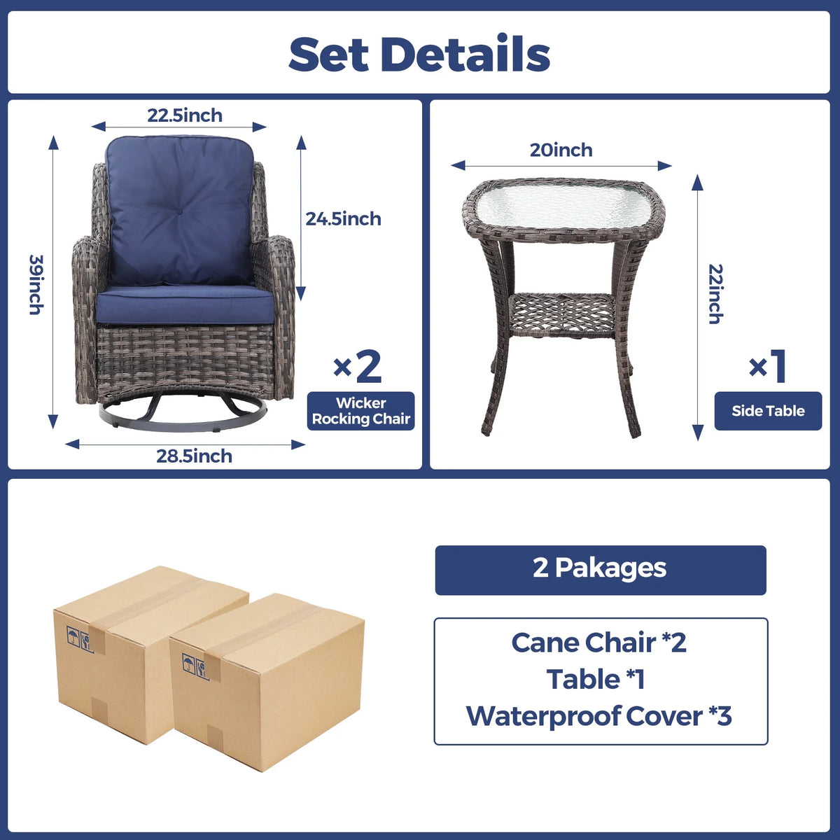 3 Pieces Wicker Patio Furniture Set with Swivel Rocking Chairs and Glass Side Table A97810