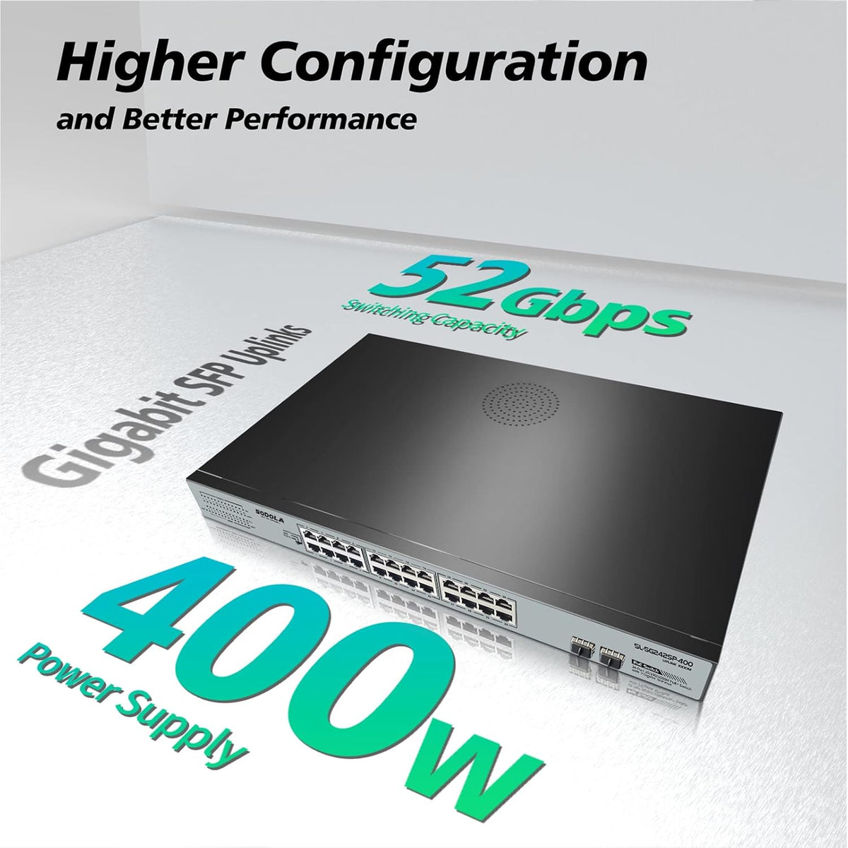 24 Port Gigabit PoE Switch with 2 Gigabit SFP Uplink, Fanless Rackmount, 400W Unmanaged Network Switch O186