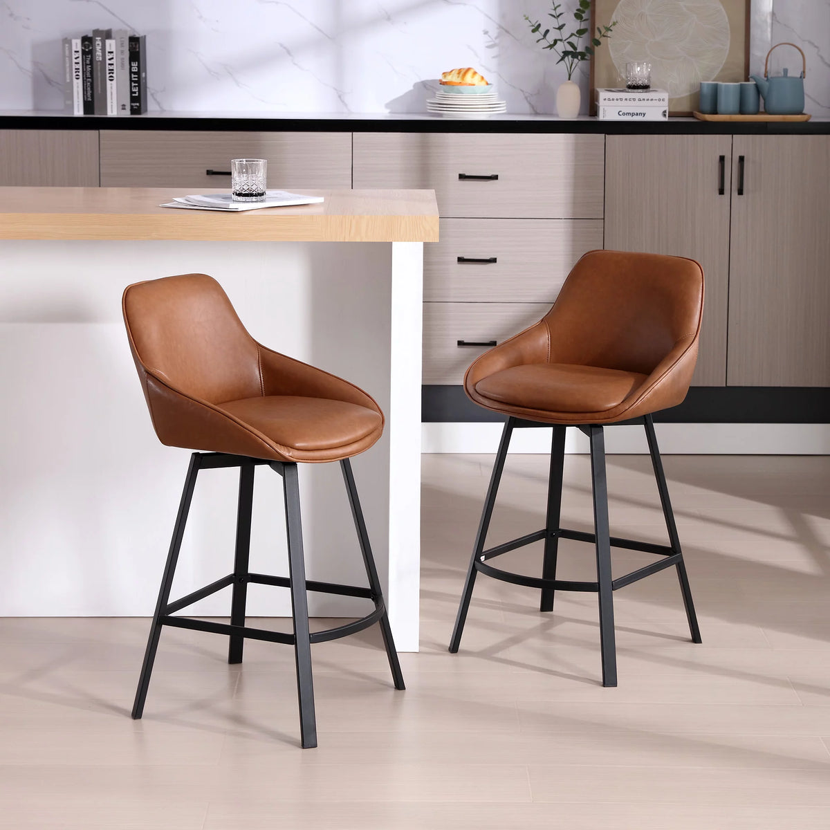 Brown Faux Leather Upholstered Bar Stools Set of 2 P38047