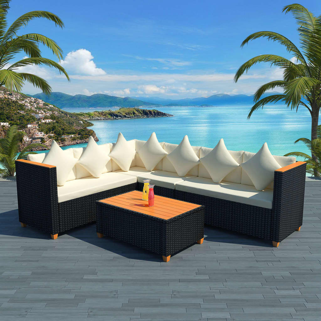 4 Piece Patio Lounge Set with White Cushions Black Poly Rattan 2-Seater Sofas with Corner Sofa and Coffee Table R84163
