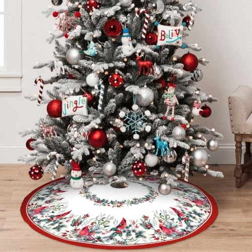 Christmas Tree Skirt 36 Inches Red Poinsettia Floral Holly Leaves White U736