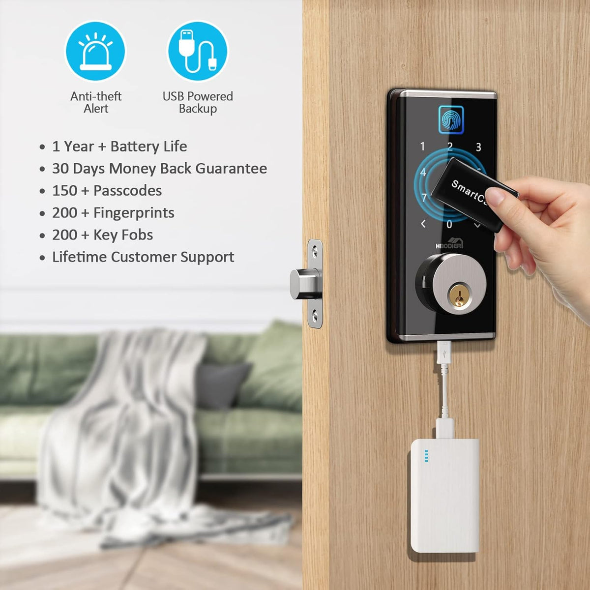 Smart Lock Keyless Entry Deadbolt with Fingerprint, Touchscreen Keypad, Keys, IC Card, APP W5094