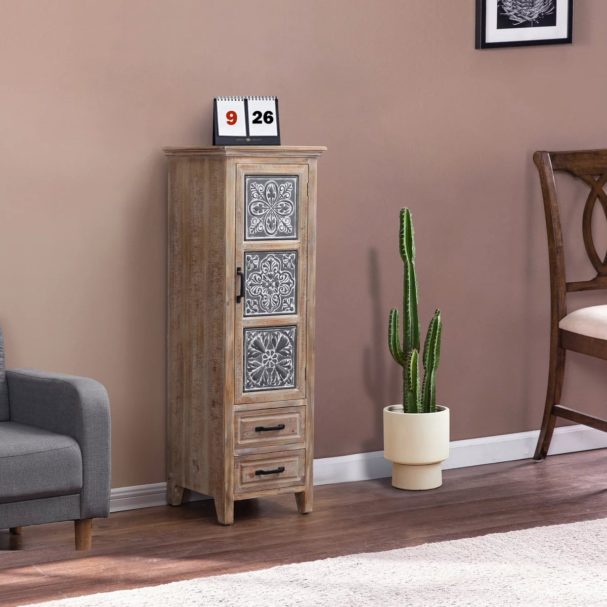 Black Metal and Brown Wood 2-Drawer 1-Door Storage Cabinet J30344