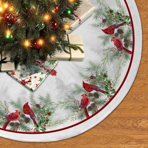 Christmas Tree Skirt 36 Inches Red Poinsettia Floral Holly Leaves White U736
