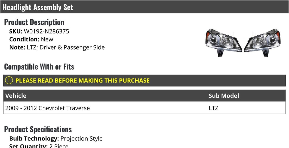 Headlight Assembly Set of 2 Projection Style T7662