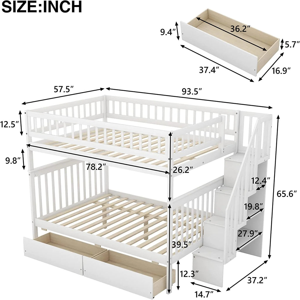 Full Over Full Solid Wood Bunk Bed with Stairs and Storage Drawers U48928