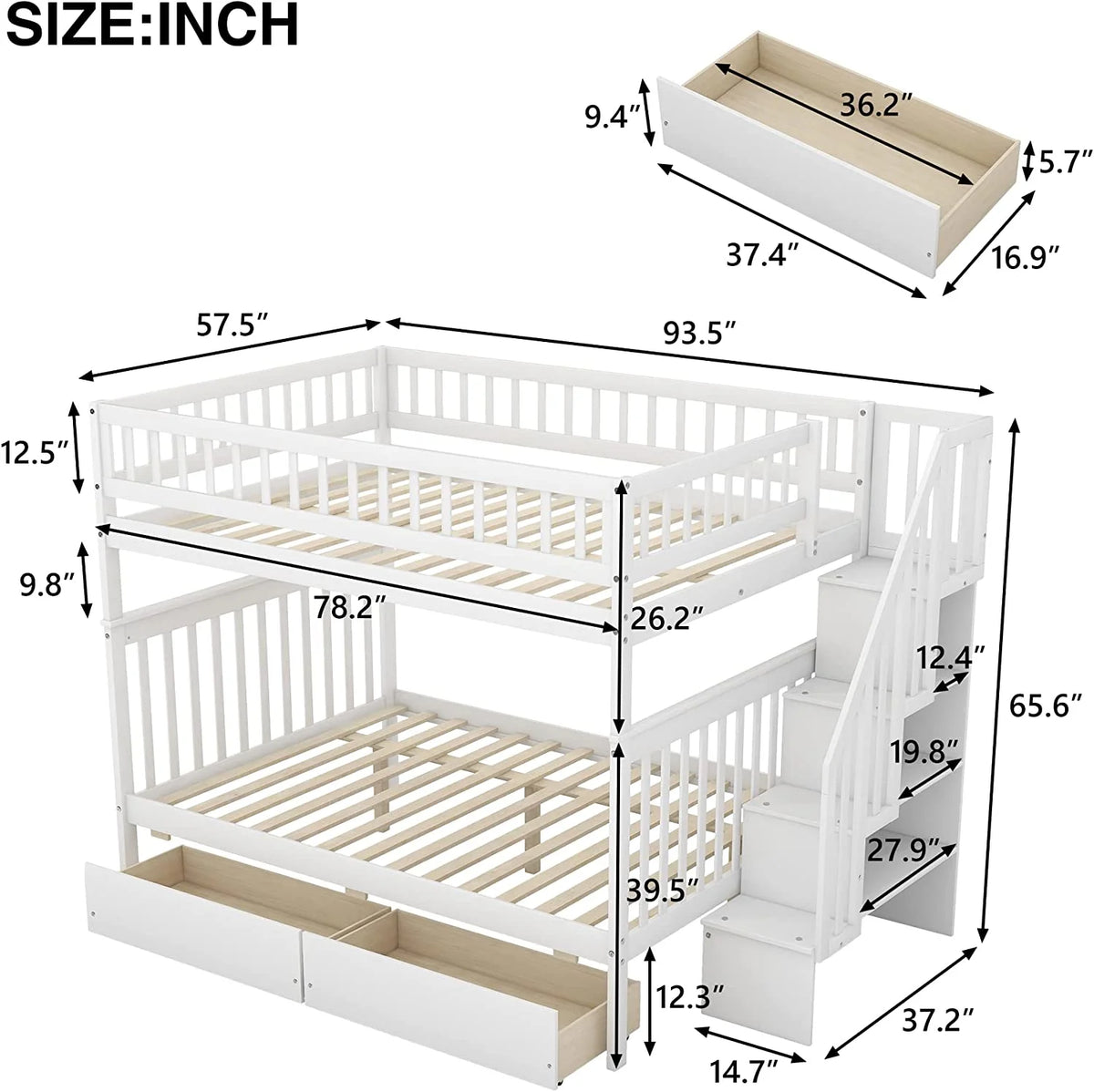 Full Over Full Solid Wood Bunk Bed with Stairs and Storage Drawers U48928